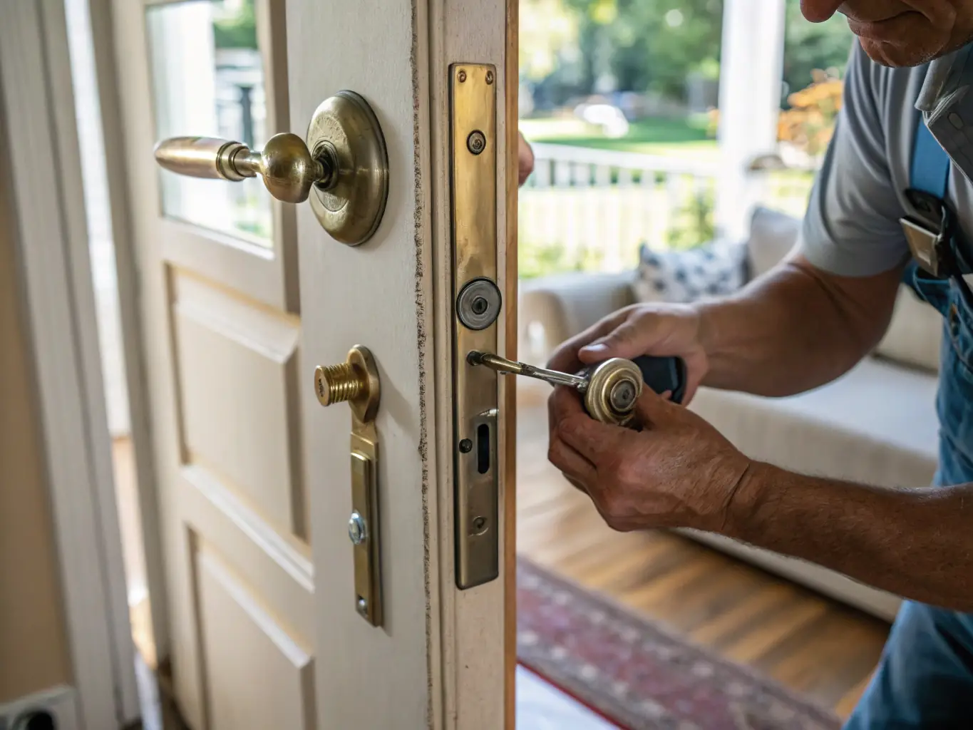 A locksmith repairing a high-security lock on a residential door, showcasing the lock repair and replacement services offered by Williamsburg Locksmith & Security.
