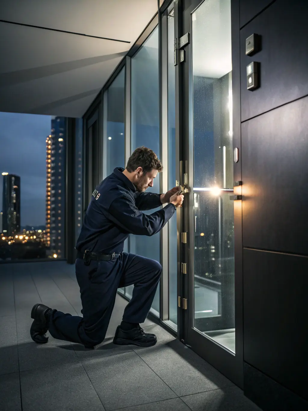 A locksmith expertly installs a robust security system in a retail store, including CCTV cameras and alarm systems, to deter theft and protect assets.