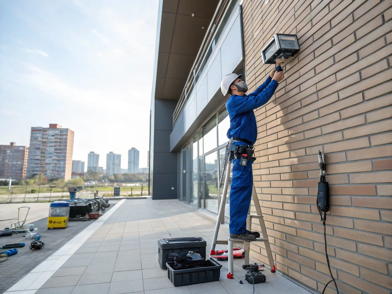A technician installing a CCTV camera on a commercial building exterior, highlighting the security system installation services provided by Williamsburg Locksmith & Security.